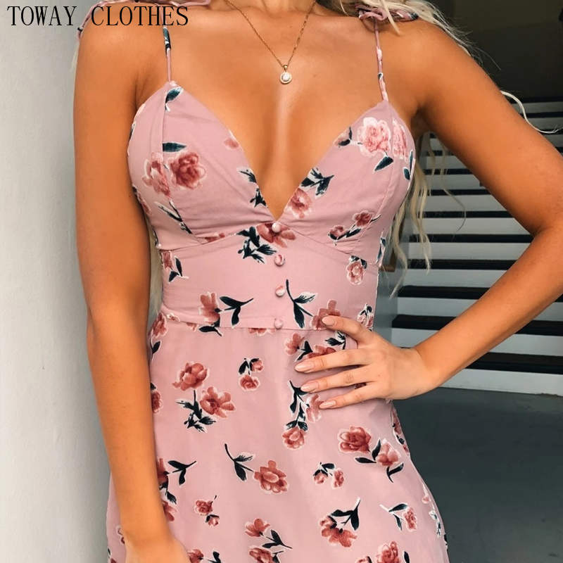 V Neck Spaghetti Strap Floral Print Dress